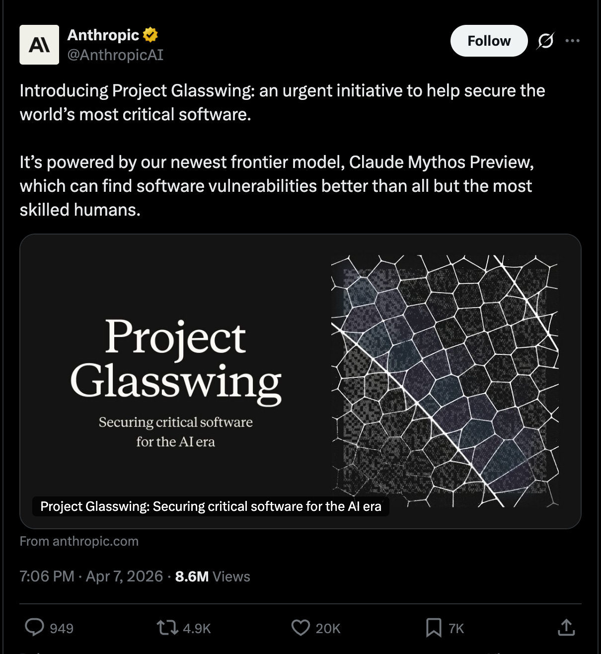 @AnthropicAI: Mở rộng Project Glasswing, cấp quyền truy cập Claude Mythos Preview cho hơn 150 tổ chức toàn cầu